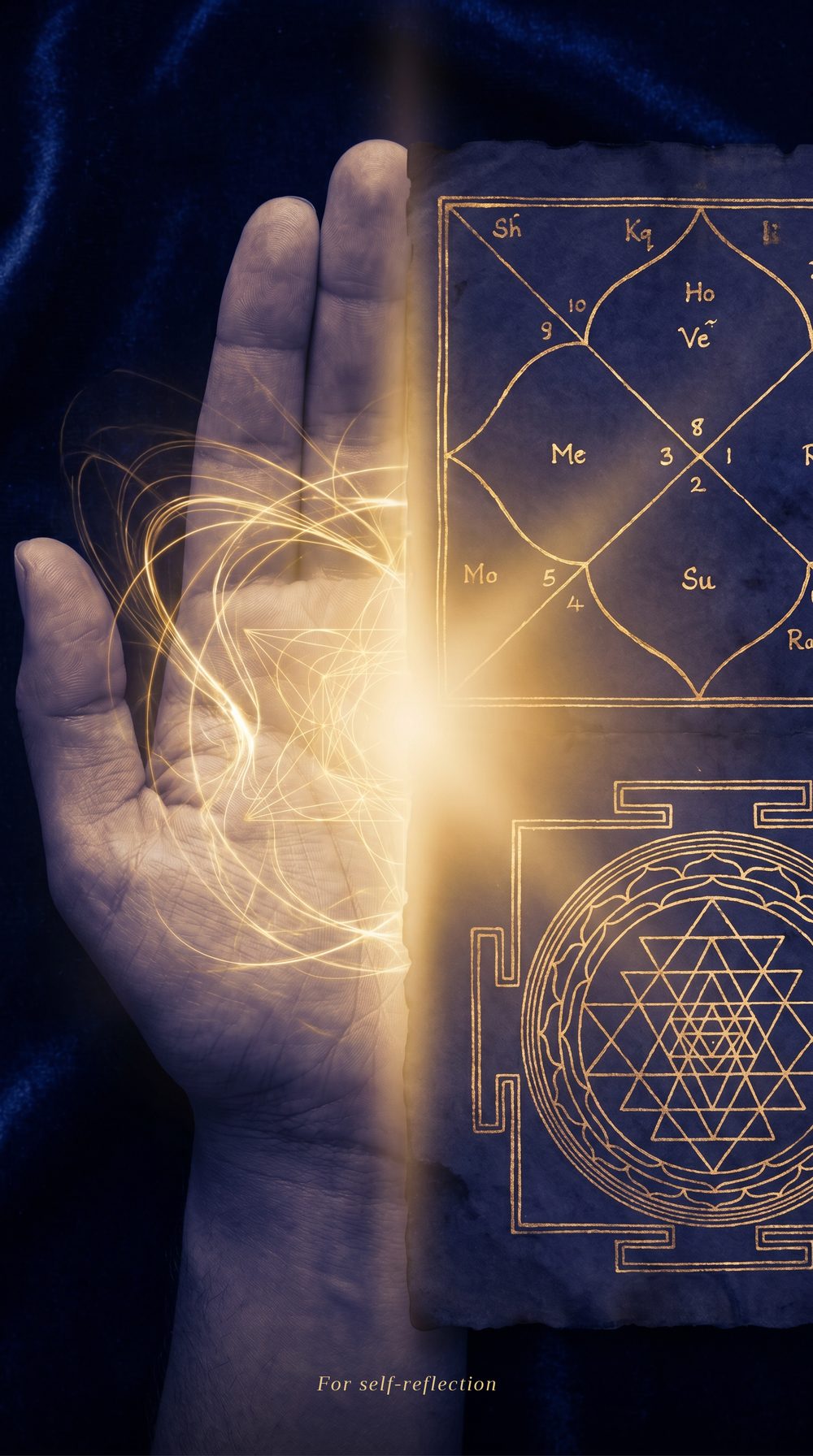 An open palm beside a hand-drawn kundli chart and Shree Yantra in gold