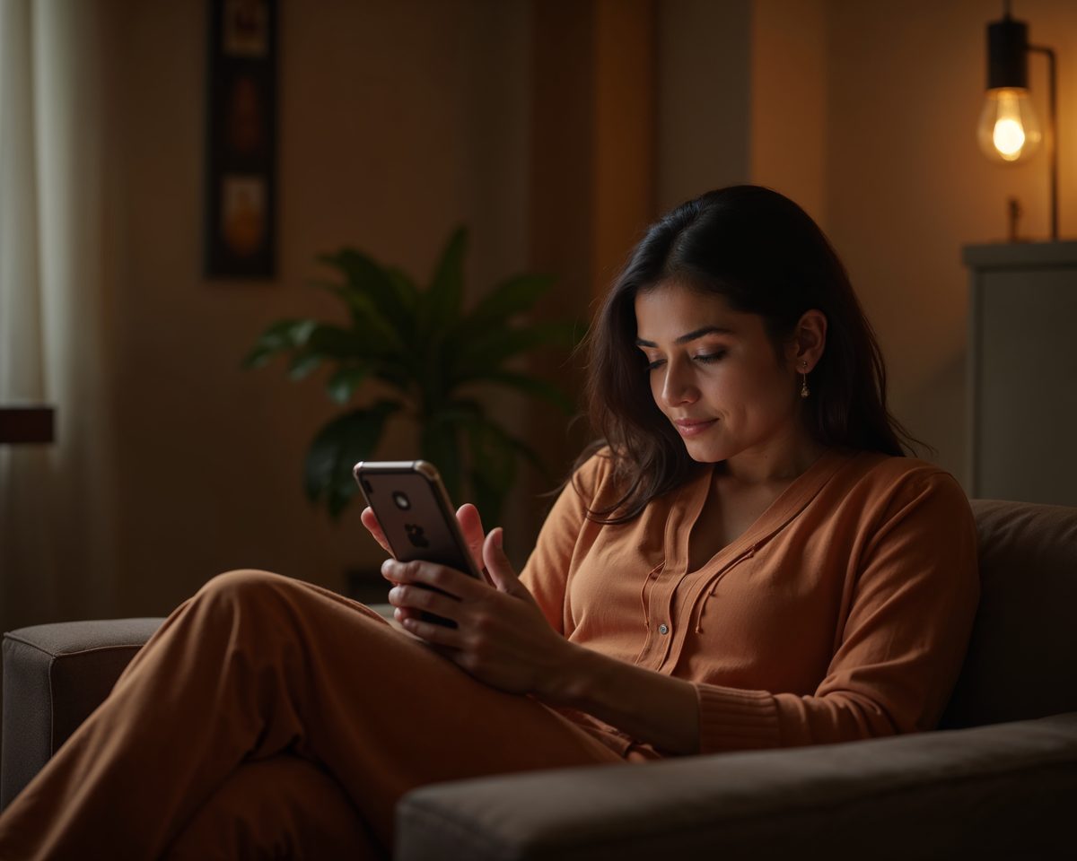 A woman reading her kundli on her phone at home in the evening